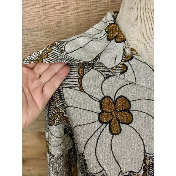 Vintage 1970’s Disco Metallic Floral Pointy Collar Shirt Size Medium Hippie - Picture 2 of 8